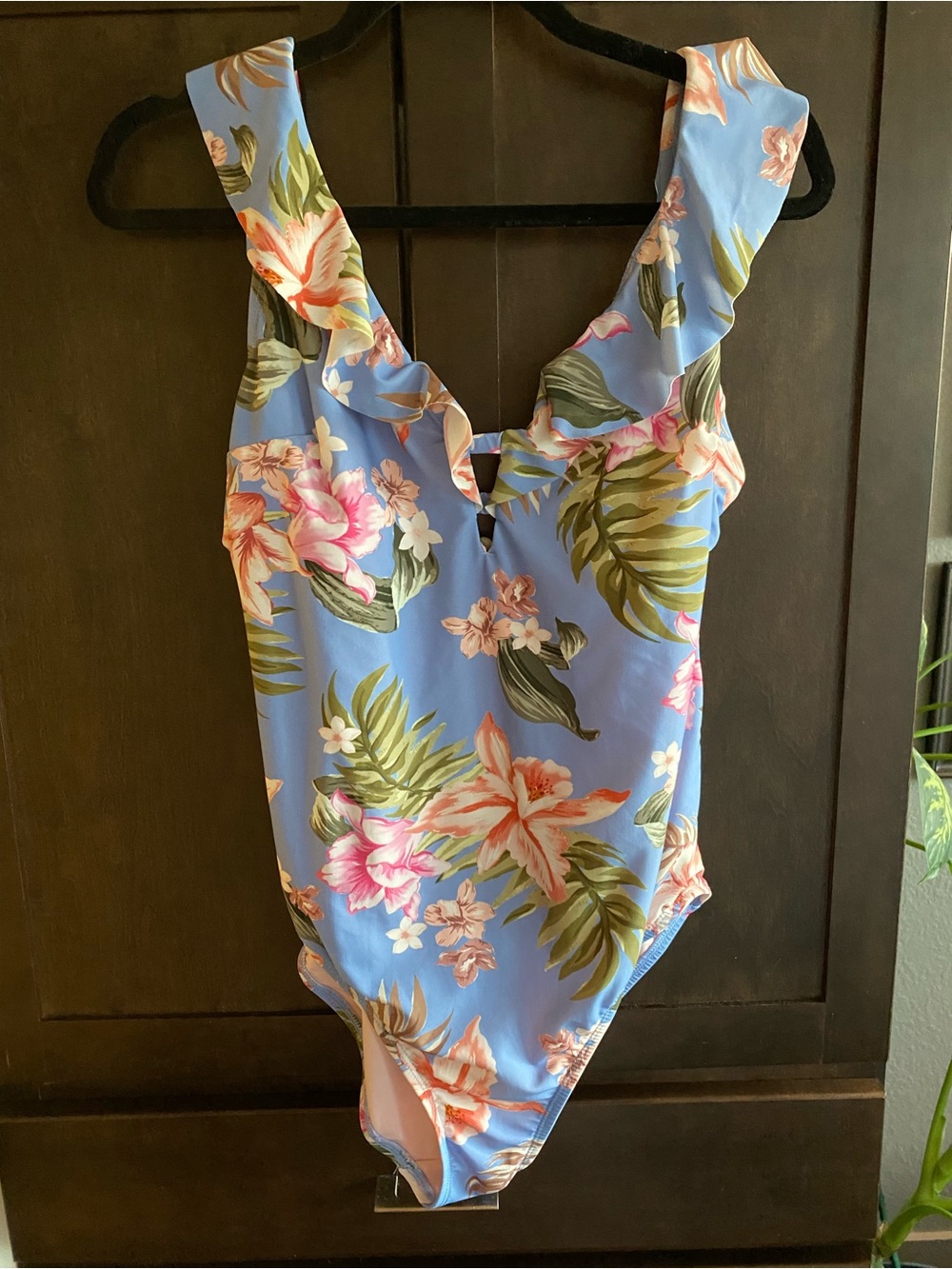 Kona Sol one piece powder blue and Polynesian print swimsuit.